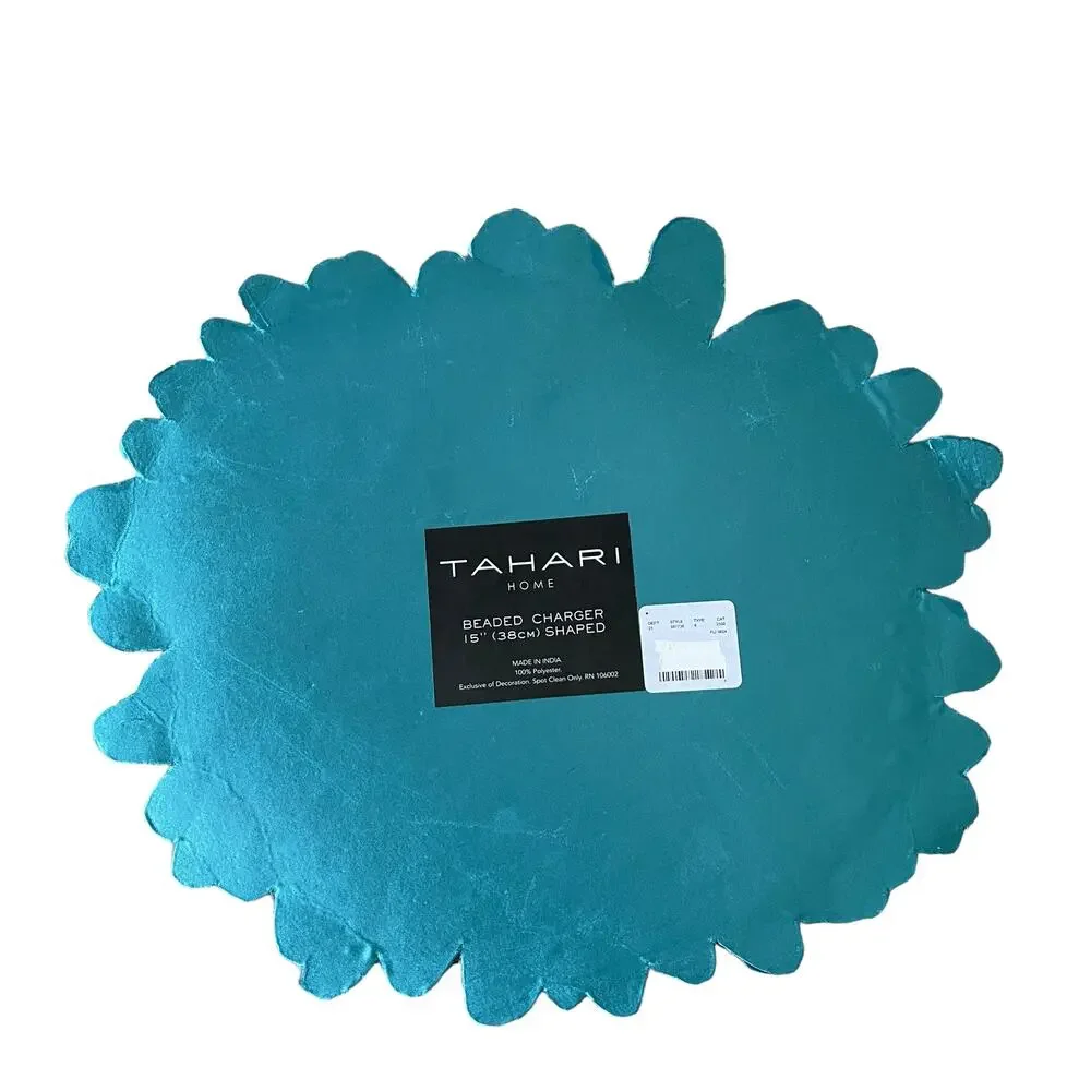 TAHARI HOME Glass Hand Beaded Charger Placemat 15in Blue Green Silver Floral NEW